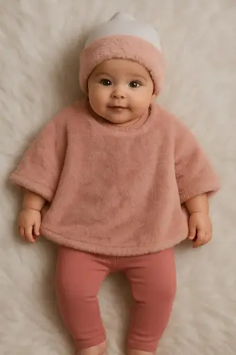 [20851] Pink fur poncho with fur beanie